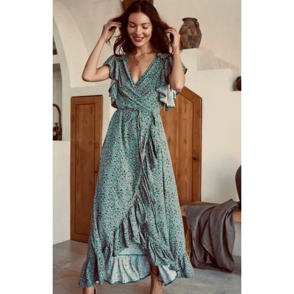 ELF Handmade Dainty Green Pink Floral Wrap Carmen Midi Dress Women's Size XL - Picture 1 of 9